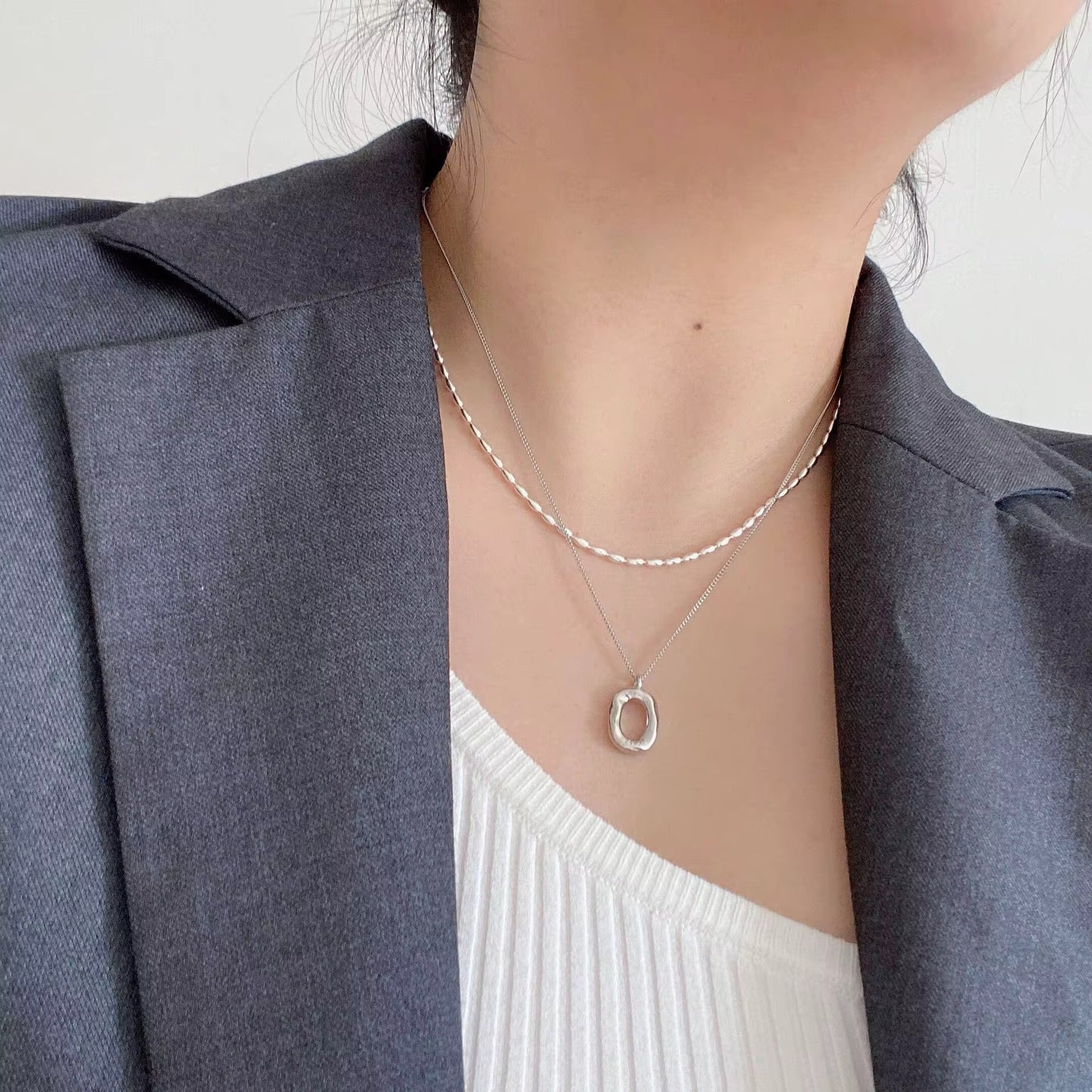 Modern Hammered oval Necklace-Gold & Silver
