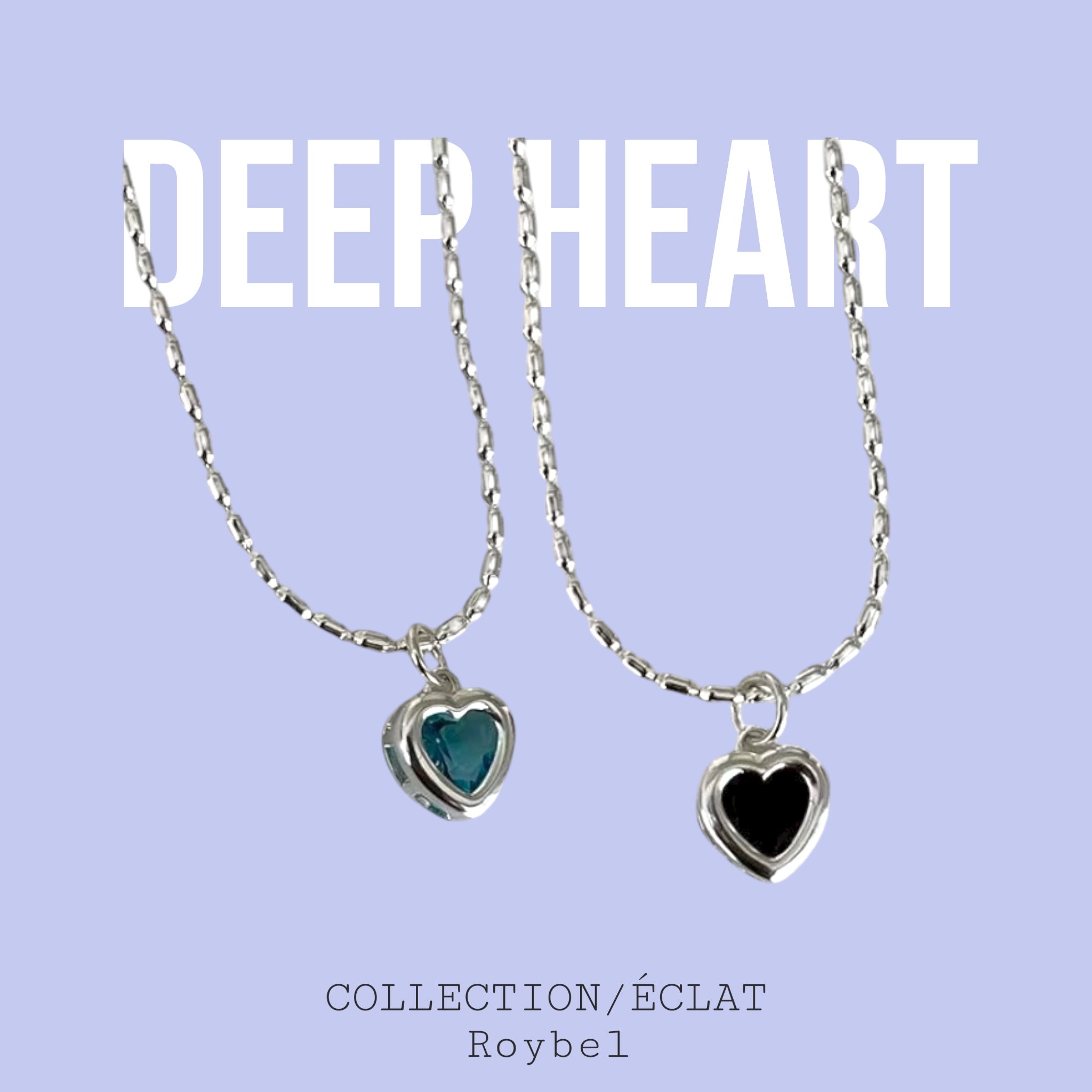 Two heart-shaped pendants on silver chains with 'DEEP HEART' text on a light purple background.