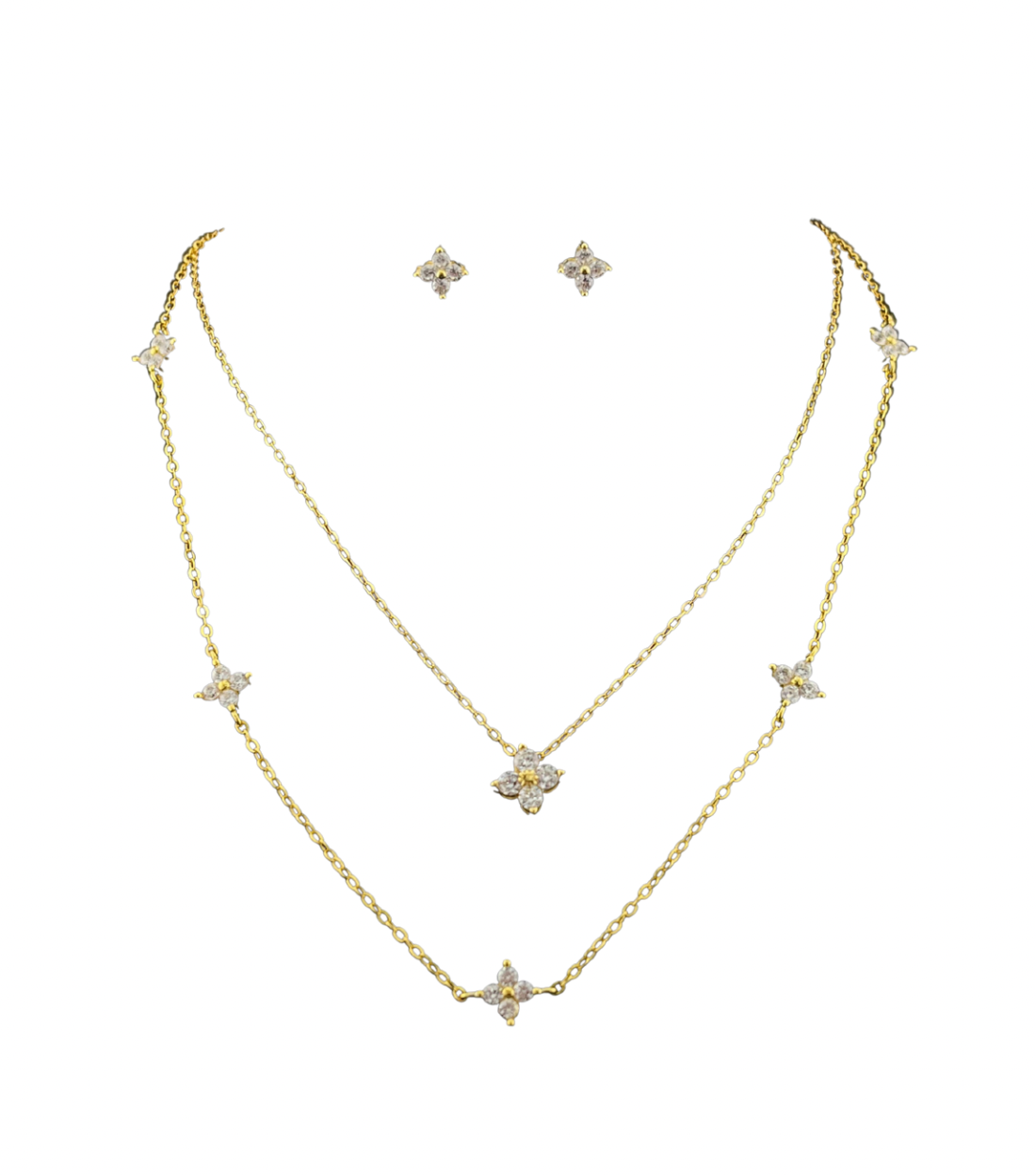 ROYBEL "Fleur Brillante" Layered Necklace Set with Stud Earrings – Available in Silver & Gold-Plated Silver