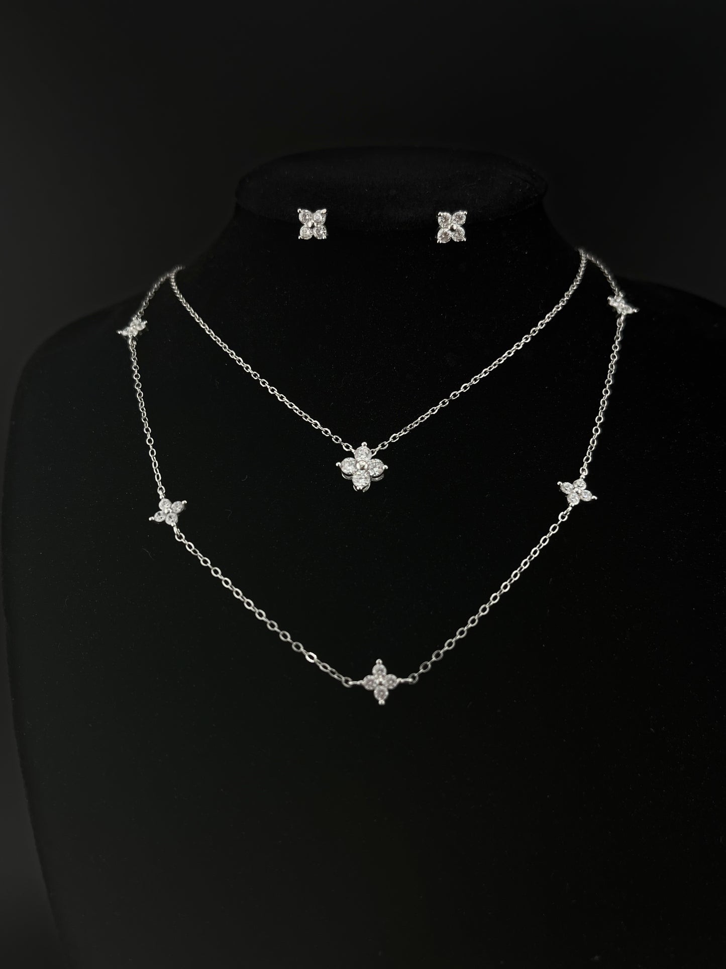 ROYBEL "Fleur Brillante" Layered Necklace Set with Stud Earrings – Available in Silver & Gold-Plated Silver