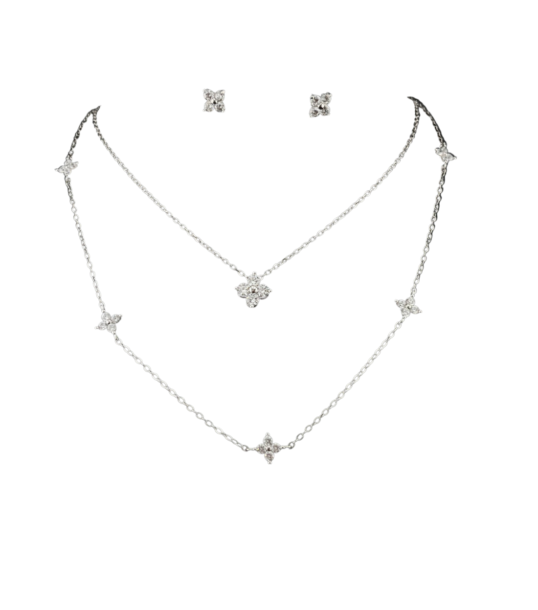 ROYBEL "Fleur Brillante" Layered Necklace Set with Stud Earrings – Available in Silver & Gold-Plated Silver