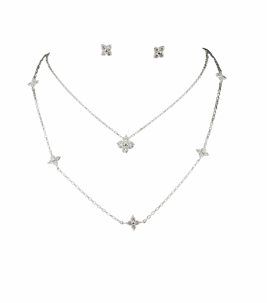 ROYBEL "Fleur Brillante" Layered Necklace Set with Stud Earrings – Available in Silver & Gold-Plated Silver