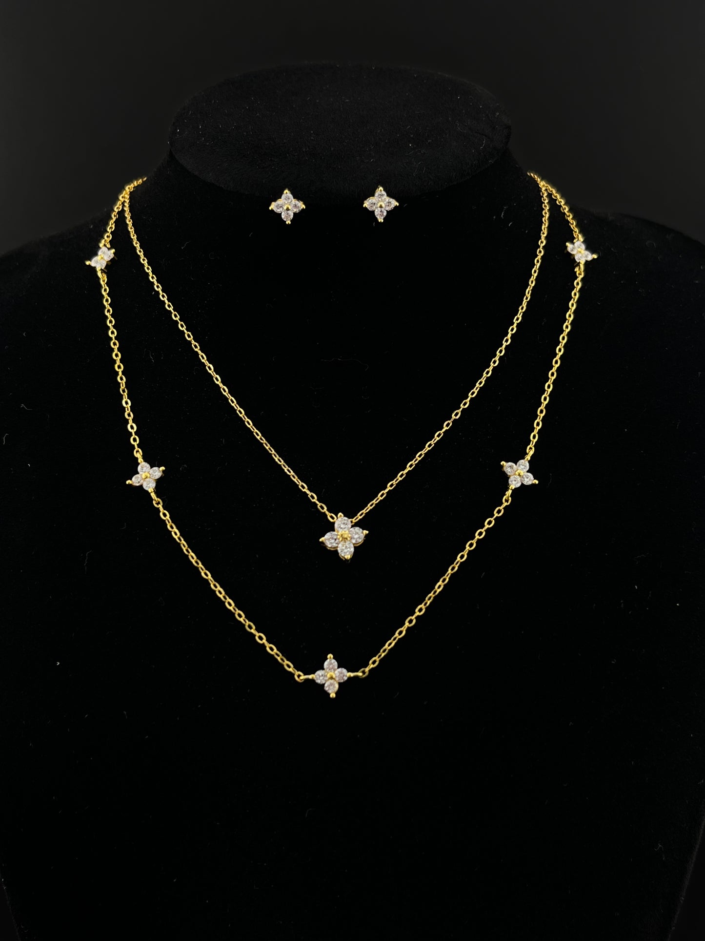 ROYBEL "Fleur Brillante" Layered Necklace Set with Stud Earrings – Available in Silver & Gold-Plated Silver